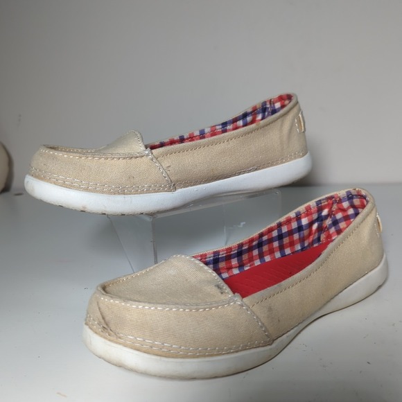 CROCS Melbourne II Short Vamp Flats Canvas Loafers Slip-on Shoes Sz W7 Tan Beige - Picture 1 of 6